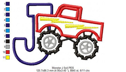 Monster Truck Letter J Design - Appliqué – Machine Embroidery Design