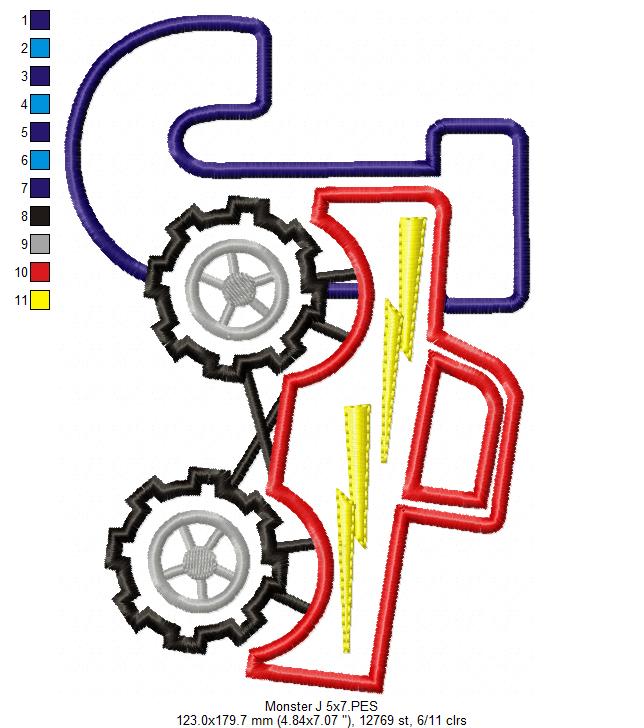 Monster Truck Letter J Design - Appliqué – Machine Embroidery Design