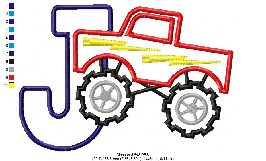 Monster Truck Letter J Design - Appliqué – Machine Embroidery Design