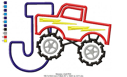 Monster Truck Letter J Design - Appliqué – Machine Embroidery Design