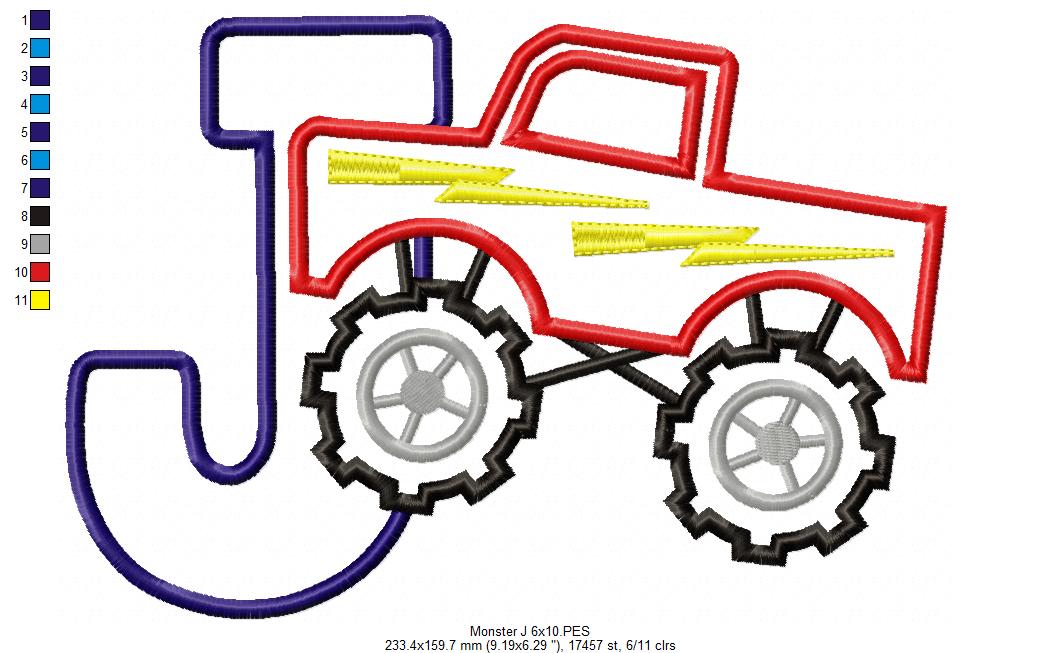 Monster Truck Letter J Design - Appliqué – Machine Embroidery Design