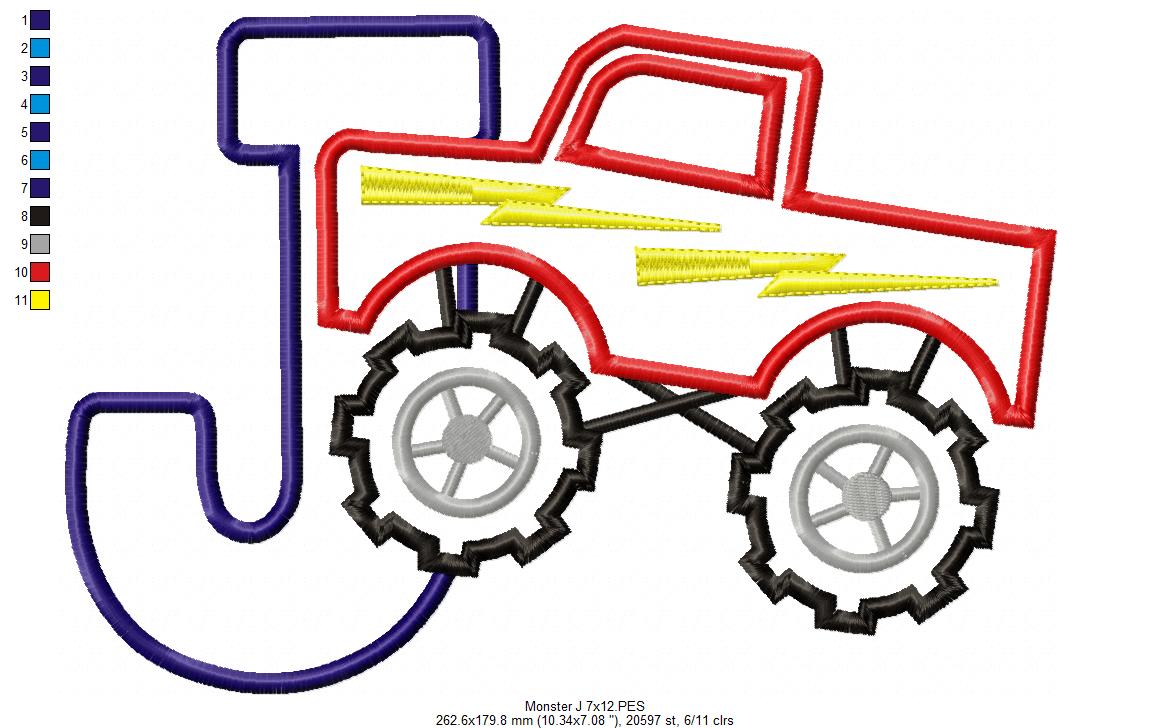 Monster Truck Letter J Design - Appliqué – Machine Embroidery Design