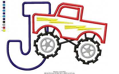 Monster Truck Letter J Design - Appliqué – Machine Embroidery Design