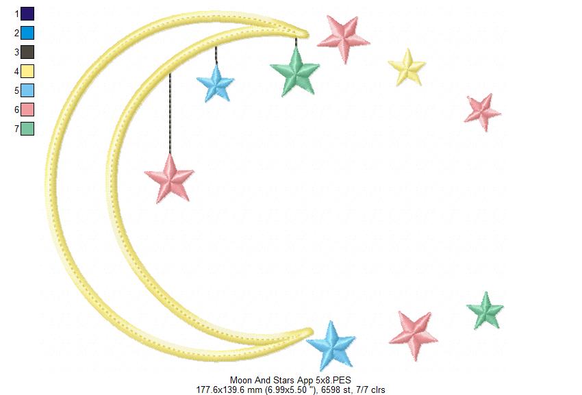 Moon and Stars - Applique - Machine Embroidery Design