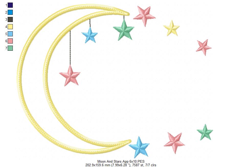 Moon and Stars - Applique - Machine Embroidery Design