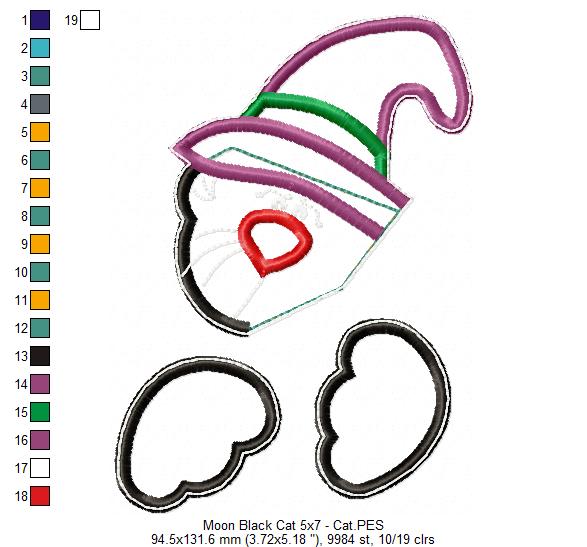 Moon Black Cat Door Ornament - ITH Project - Machine Embroidery Design