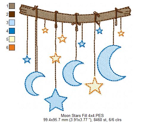 Moons and Stars Hanging from a Branch - Fill Stitch - Machine Embroidery design