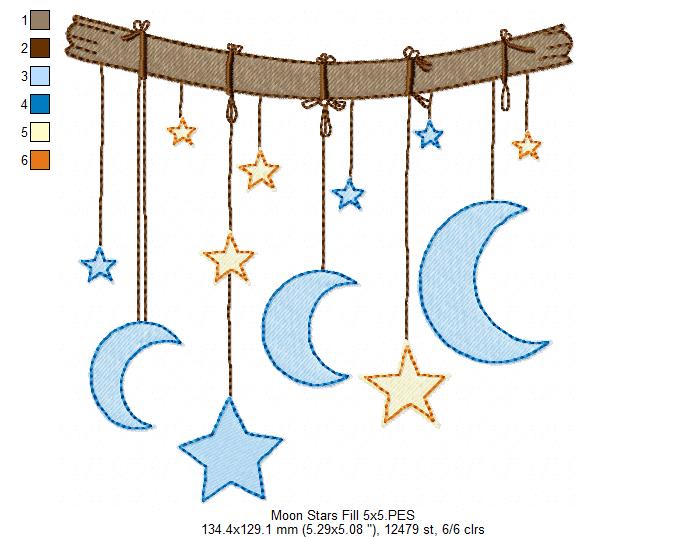 Moons and Stars Hanging from a Branch - Fill Stitch - Machine Embroidery design