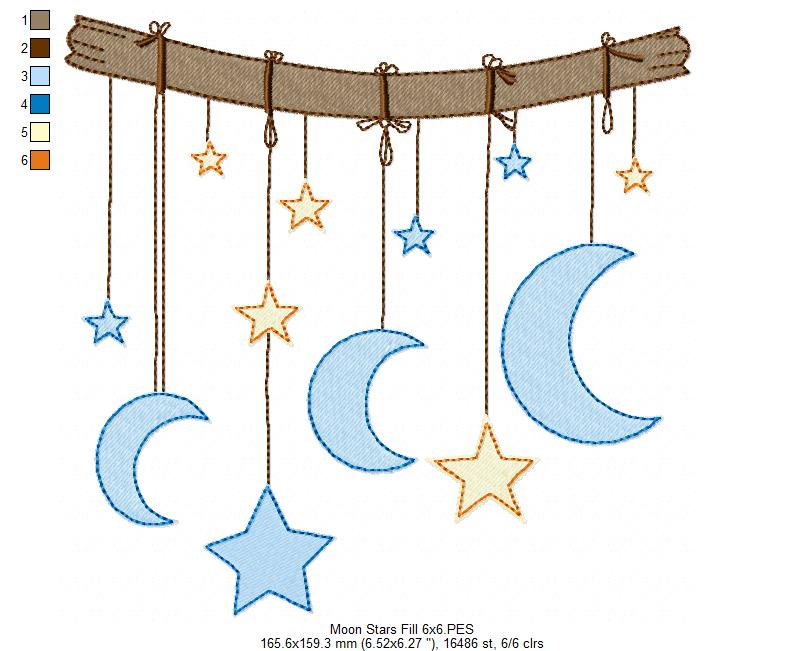 Moons and Stars Hanging from a Branch - Fill Stitch - Machine Embroidery design