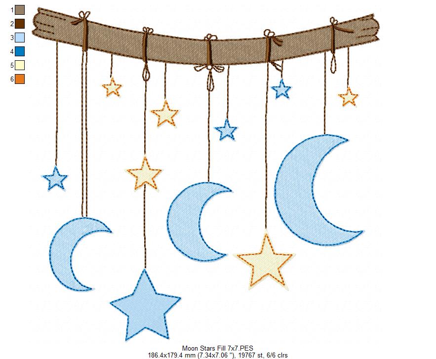 Moons and Stars Hanging from a Branch - Fill Stitch - Machine Embroidery design