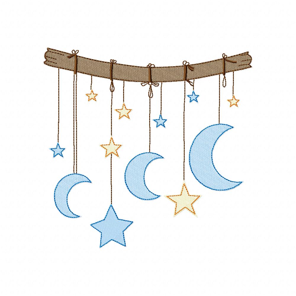 Moons and Stars Hanging from a Branch - Fill Stitch - Machine Embroidery design