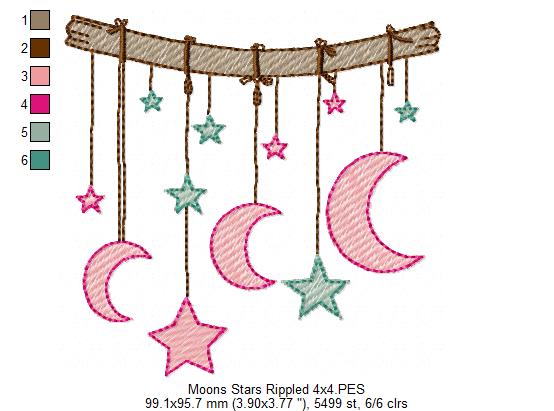 Moons and Stars Hanging from a Branch - Rippled Stitch - Machine Embroidery design