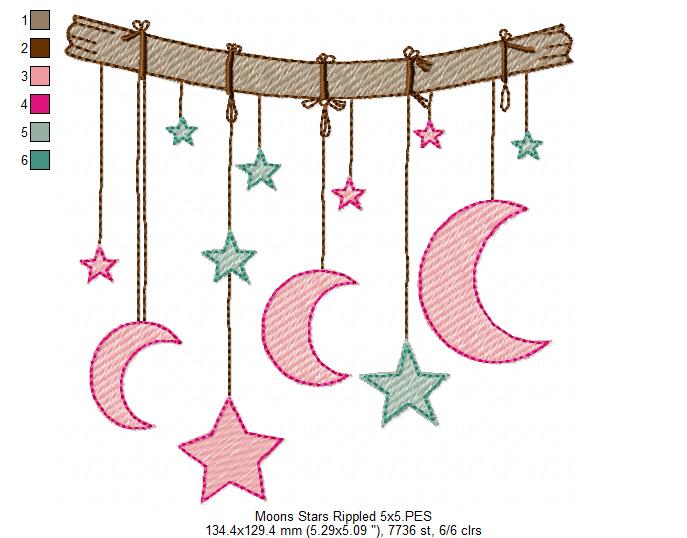 Moons and Stars Hanging from a Branch - Rippled Stitch - Machine Embroidery design