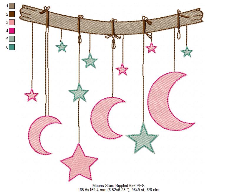 Moons and Stars Hanging from a Branch - Rippled Stitch - Machine Embroidery design
