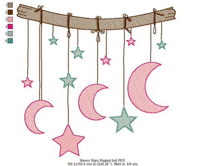 Moons and Stars Hanging from a Branch - Rippled Stitch - Machine Embroidery design