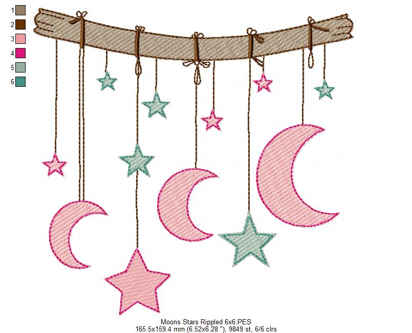 Moons and Stars Hanging from a Branch - Rippled Stitch - Machine Embroidery design
