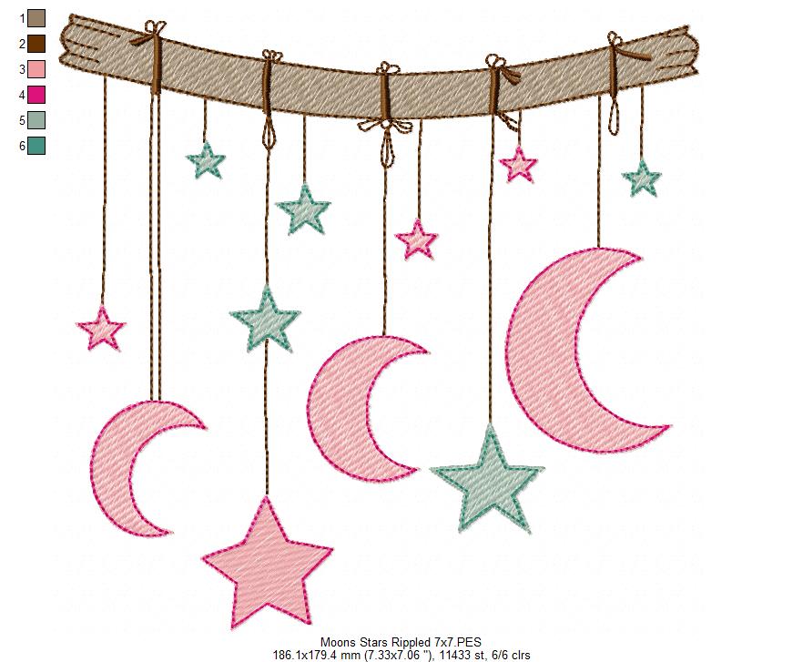 Moons and Stars Hanging from a Branch - Rippled Stitch - Machine Embroidery design