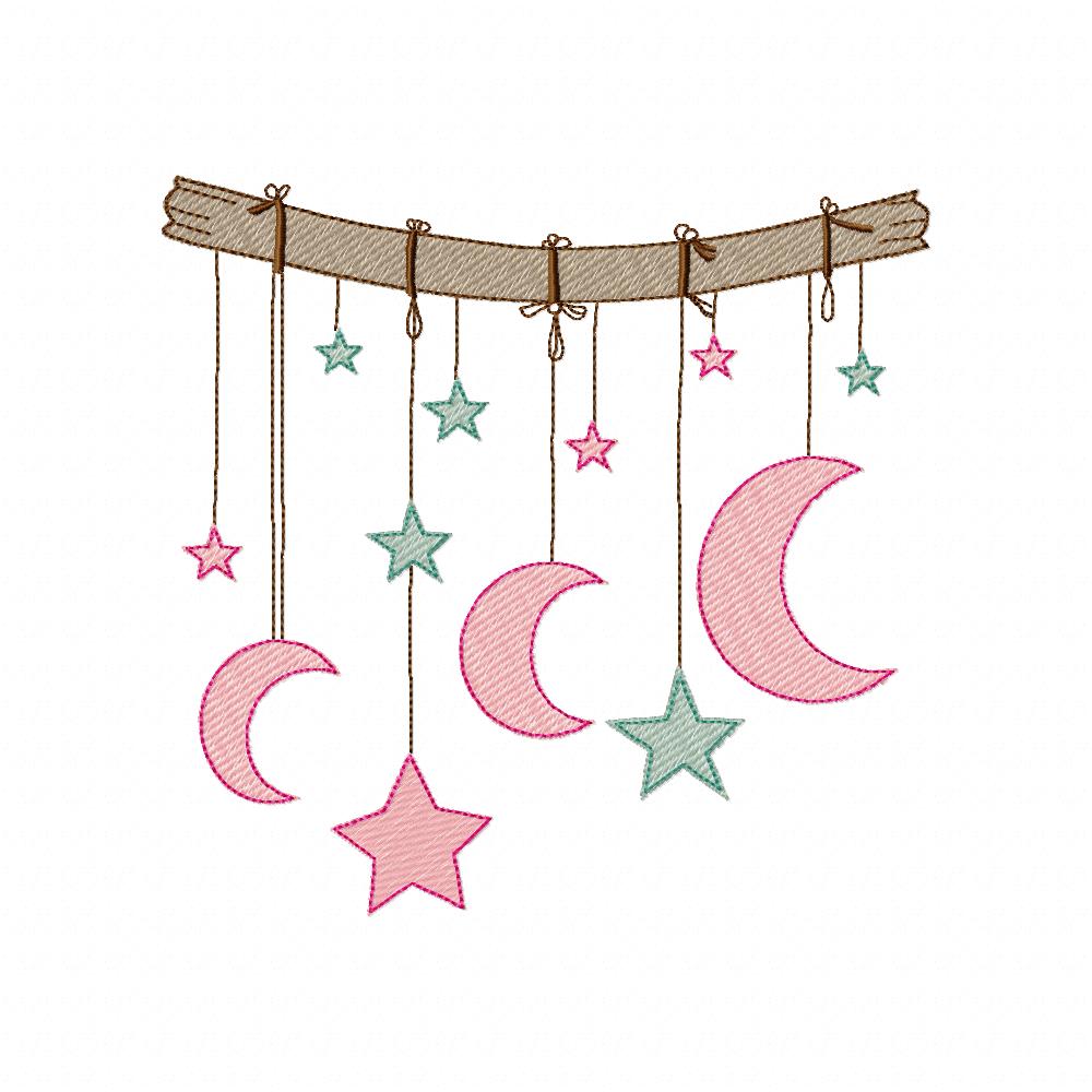Moons and Stars Hanging from a Branch - Rippled Stitch - Machine Embroidery design