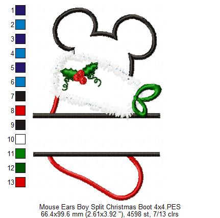 Split Mouse Ears Boy and Girl Christmas Boot - Set of 2 Designs - Applique Embroidery