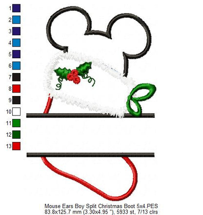Split Mouse Ears Boy and Girl Christmas Boot - Set of 2 Designs - Applique Embroidery