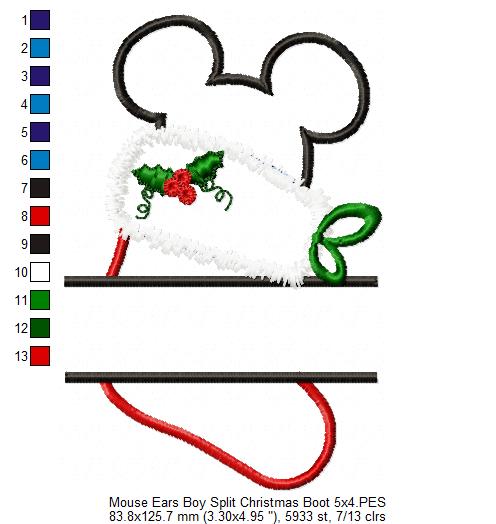 Split Mouse Ears Boy and Girl Christmas Boot - Set of 2 Designs - Applique Embroidery