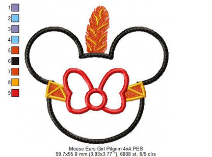 Thanksgiving Mouse Ears Girl Pilgrim - Applique Embroidery