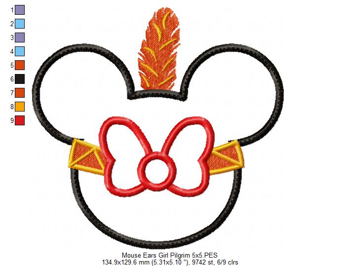 Thanksgiving Mouse Ears Girl Pilgrim - Applique Embroidery