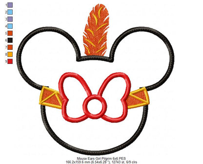 Thanksgiving Mouse Ears Girl Pilgrim - Applique Embroidery