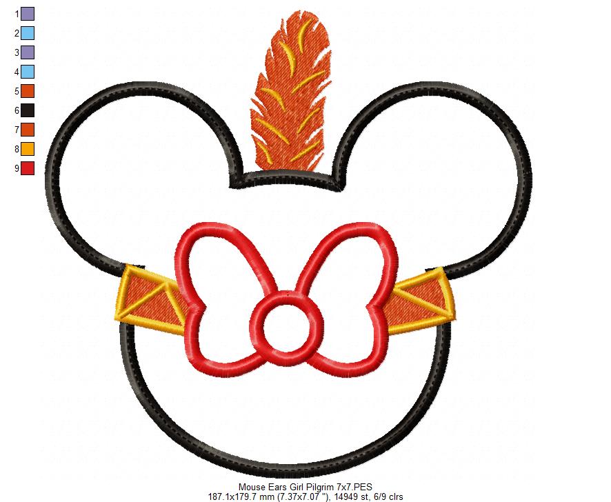 Thanksgiving Mouse Ears Girl Pilgrim - Applique Embroidery