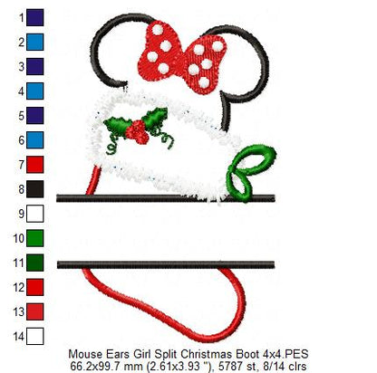 Split Mouse Ears Boy and Girl Christmas Boot - Set of 2 Designs - Applique Embroidery