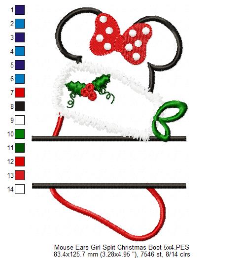 Split Mouse Ears Boy and Girl Christmas Boot - Set of 2 Designs - Applique Embroidery