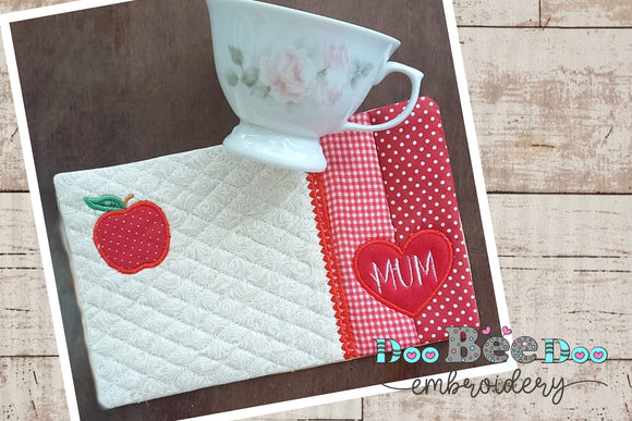 Apple MOM and MUM Mug Rug - ITH Project - Machine Embroidery Design