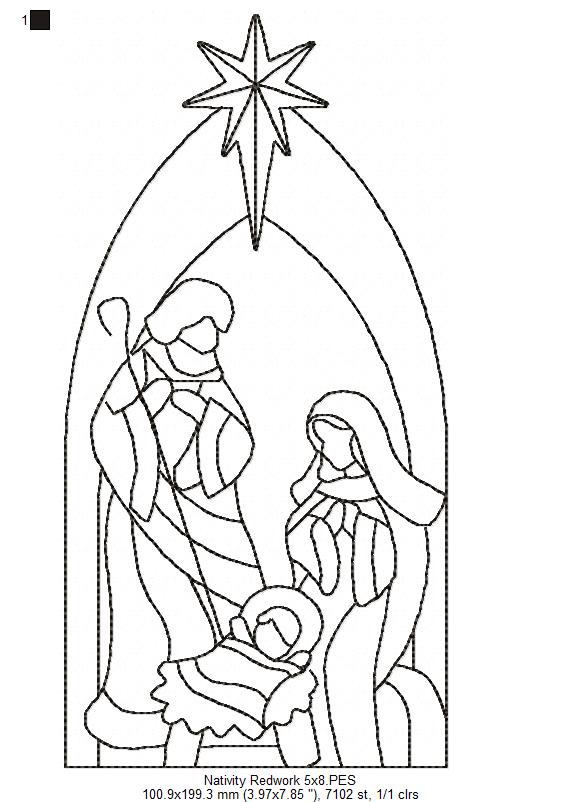 Nativity Scenne Line Art - Redwork Stitch - Machine Embroidery Design