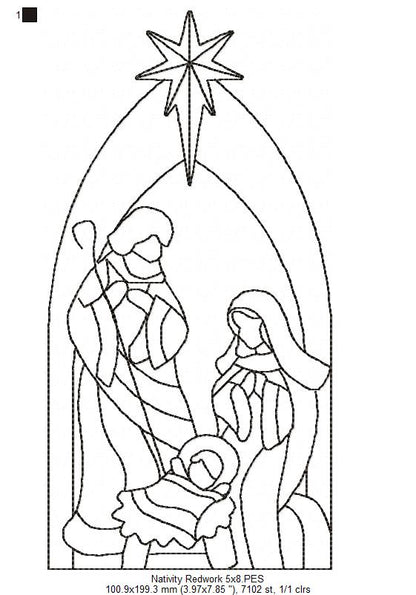 Nativity Scenne Line Art - Redwork Stitch - Machine Embroidery Design