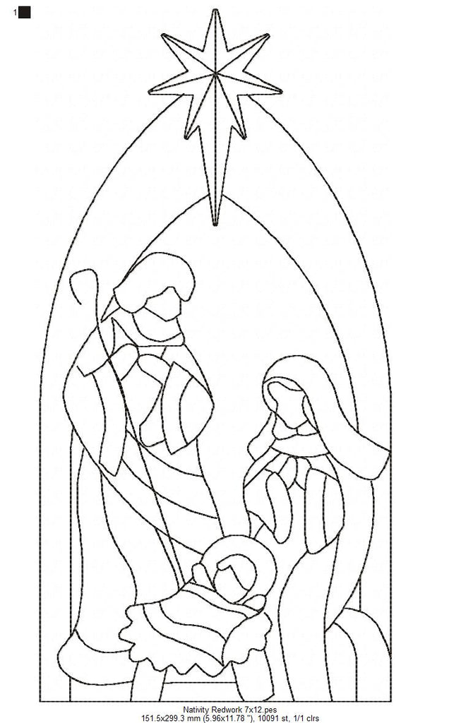 Nativity Scenne Line Art - Redwork Stitch - Machine Embroidery Design