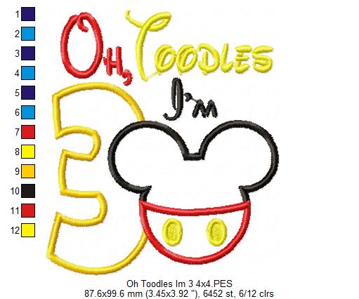 Oh Toodles I'm 3 Mouse Ears Boy Number 3 Three 3rd Birthday - Applique Embroidery