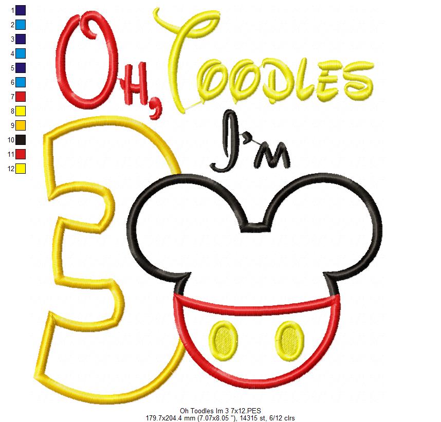 Oh Toodles I'm 3 Mouse Ears Boy Number 3 Three 3rd Birthday - Applique Embroidery