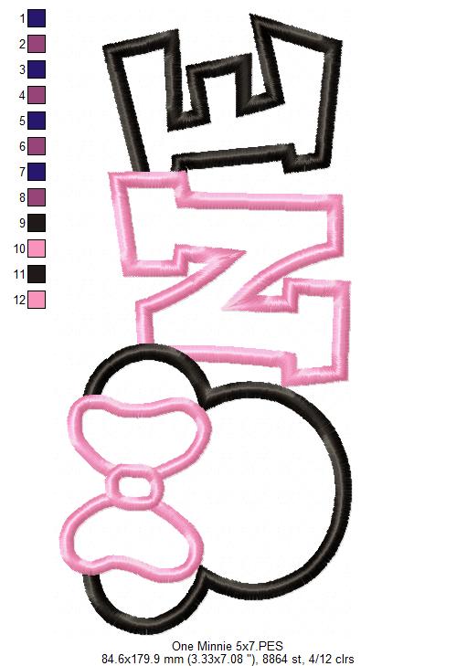 Mouse Ears Girl One 1st Birthday - Applique Embroidery