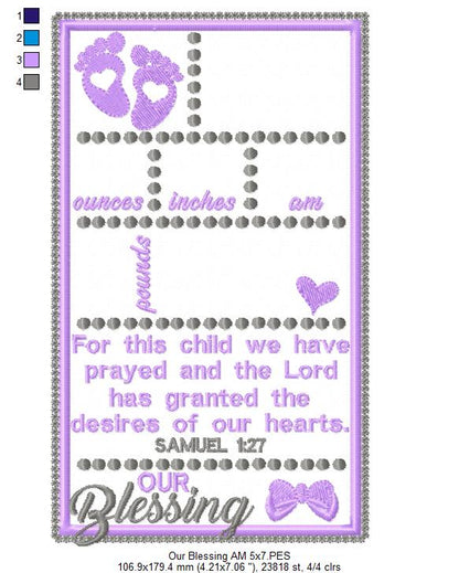 Baby Girl Our Blessing Birth Announcement Template - Applique - Machine Embroidery Design