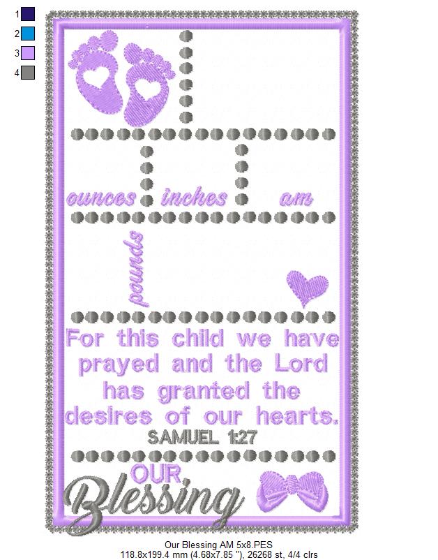 Baby Girl Our Blessing Birth Announcement Template - Applique - Machine Embroidery Design
