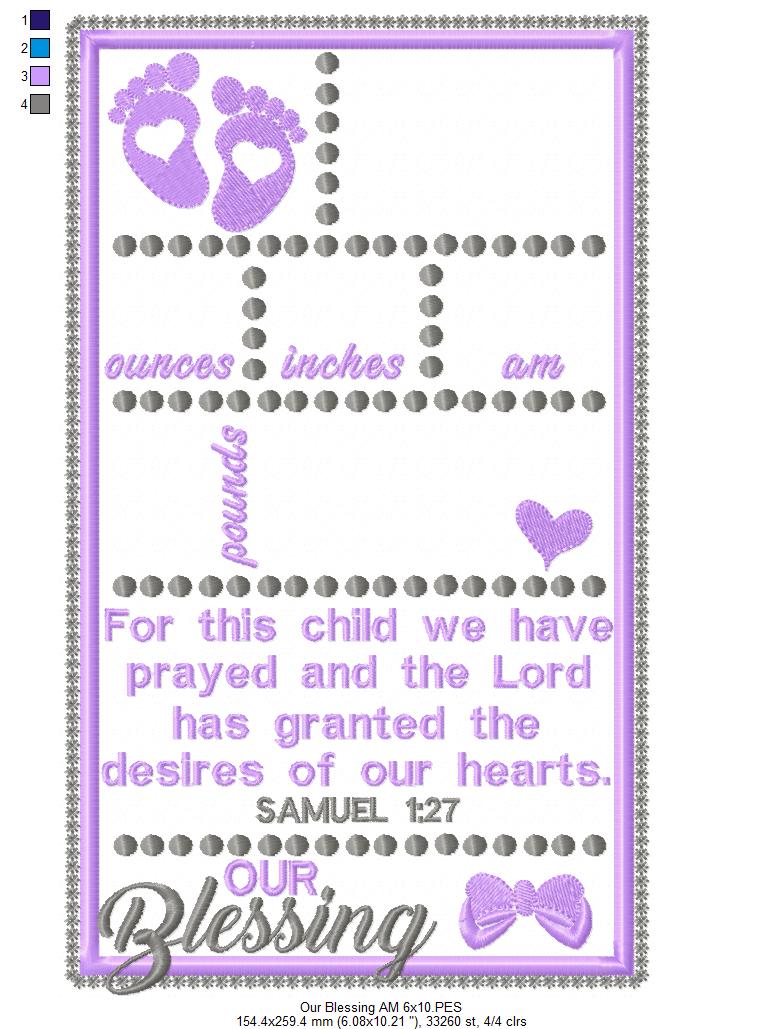 Baby Girl Our Blessing Birth Announcement Template - Applique - Machine Embroidery Design