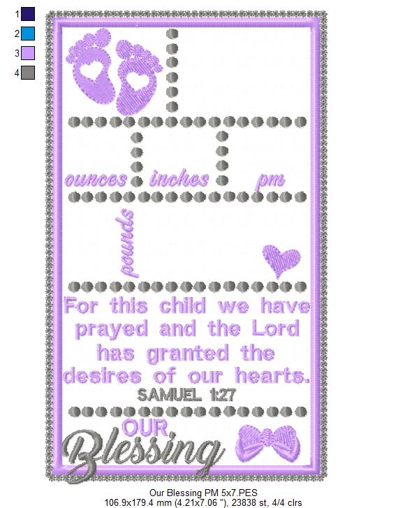 Baby Girl Our Blessing Birth Announcement Template - Applique - Machine Embroidery Design