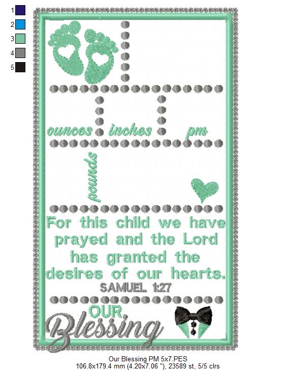 Baby Boy Our Blessing Birth Announcement Template - Applique - Machine Embroidery Design