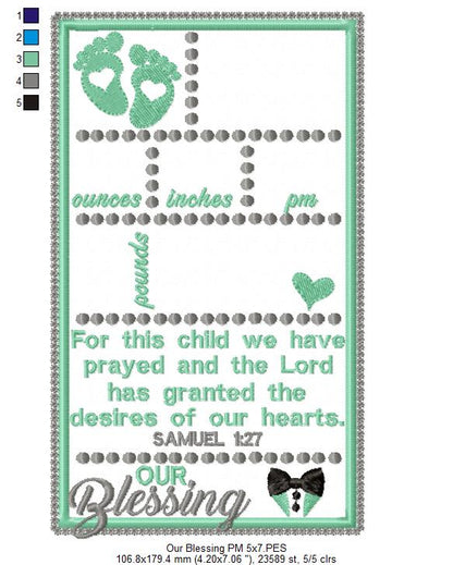 Baby Boy Our Blessing Birth Announcement Template - Applique - Machine Embroidery Design