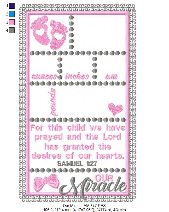 Baby Girl Our Miracle Birth Announcement Template - Applique