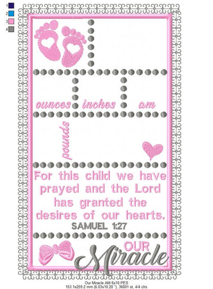 Baby Girl Our Miracle Birth Announcement Template - Applique