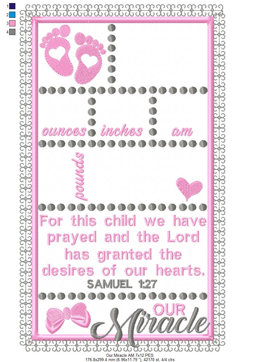 Baby Girl Our Miracle Birth Announcement Template - Applique