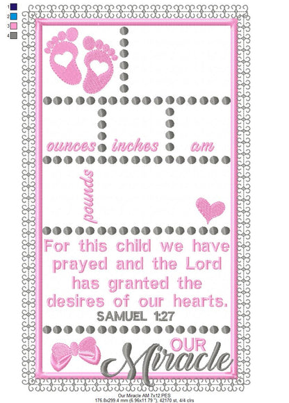 Baby Girl Our Miracle Birth Announcement Template - Applique