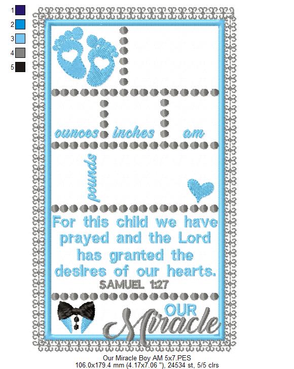 Baby Boy Our Miracle Birth Announcement Template - Applique