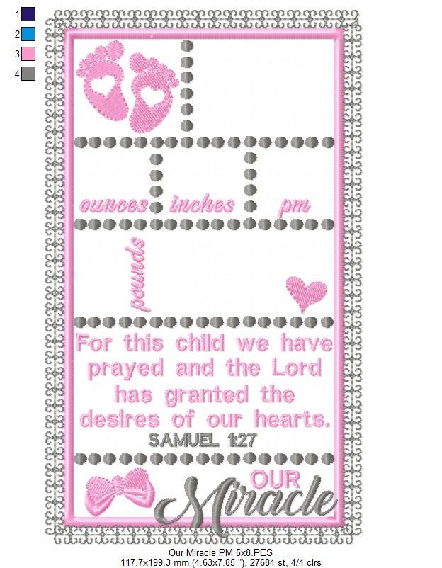 Baby Girl Our Miracle Birth Announcement Template - Applique